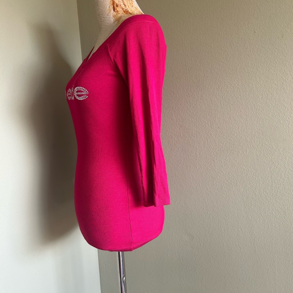 Bebe Rhinestone Logo Fitted 3/4 Sleeve ribbed Top - Picture 3 of 5